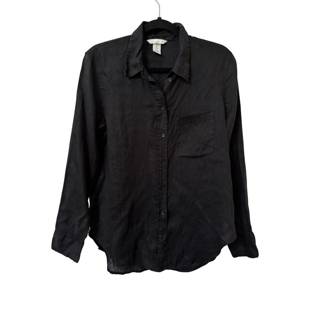 H&M Women Black 100% Linen Button Down Shirt Long Sleeve Size S Pocket